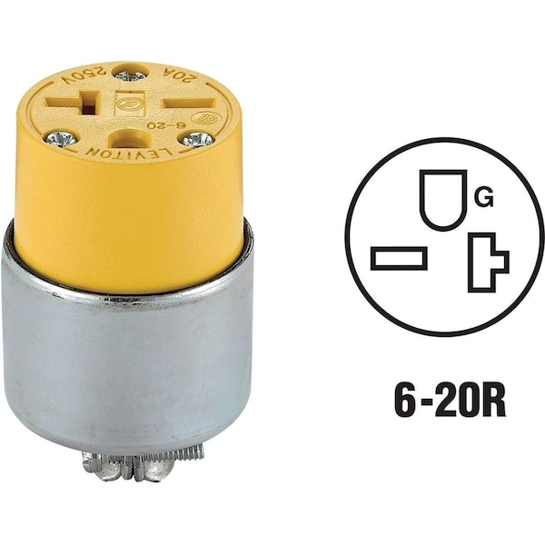 Straight Blade Connector, 6-20R, 20 A, 250V AC, 2 Pole, 3 Wire, Yellow